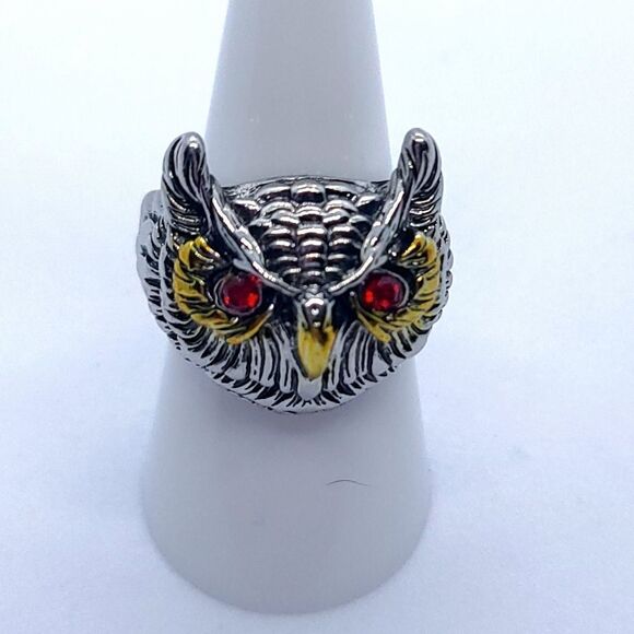 Red Eye Owl Statement Ring 3D Unisex Native American Stainless Steel Jewelry - Picture 4 of 7